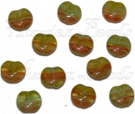 02362 Tsjechische glaskraal Geel-groen-oranje 11mmx12mmx5mm 12 stuks