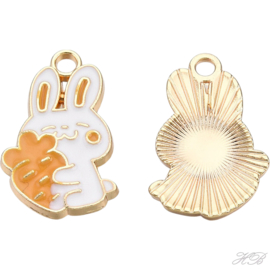 05534 Bedel Enamel konijn Licht goud (nikkelvrij)/ wit~oranje 21x13x2mm; gat 2mm 1 stuks