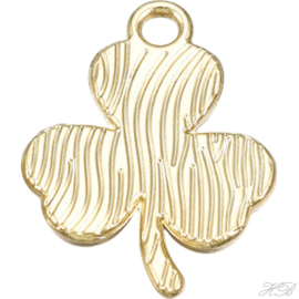 02553 Bedel Klavertje met rhinestones Licht goud (Nikkelvrij)/roze   18,5x14x2mm; gat 1,8mm 1 stuks