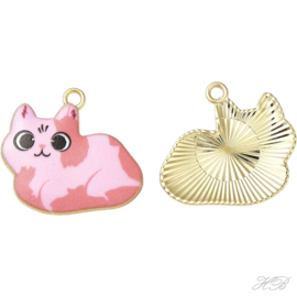 05548 Bedel Enamel Poes/kat Goudkleurig (Nikelvrij)/ roze 22x24x2mm; gat 1,8mm 1 stuks