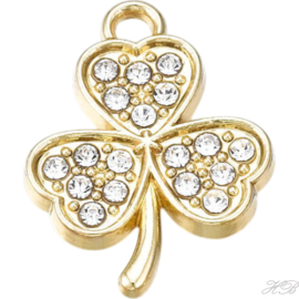 02808 Bedel Klavertje met rhinestones Licht goud (Nikkelvrij)/chrystal   18,5x14x2mm; gat 1,8mm 1 stuks