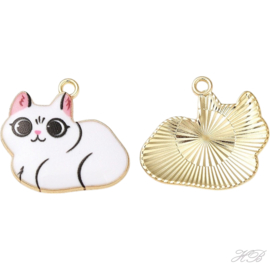 05547 Bedel Enamel Poes/kat Goudkleurig (Nikelvrij)/ wit 22x24x2mm; gat 1,8mm 1 stuks