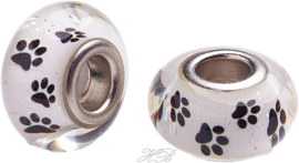 04044 Pandora-stijl kraal glas hondenpoot Wit/metaalkleurig 14x8mm; gat 5mm 1 stuks
