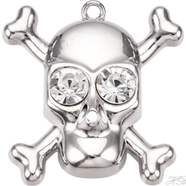 00949 Bedel Doodshoofd (schedel) met rhinestones Metaalkleurig (Nikkelvrij)   41,5x38x8,5mm; gat 2,5mm 1 stuks