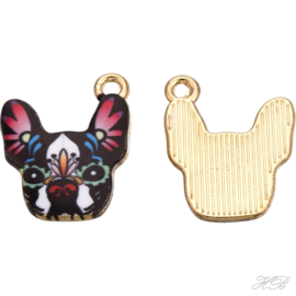 05538 Bedel Enamel hond Licht goud (nikkelvrij)/ zwart`crimson 19x15x2mm; gat 1,6mm 1 stuks