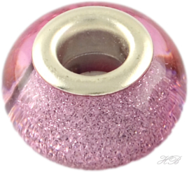 04751 Pandorastijl kraal Acryl glitter Zilverkleurig/Roze 14x9mm; gat 5mm 2 stuks