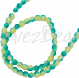 03884 Glaskraal spraypainted twee-kleurig Geel-turquoise 10mm; gat 1mm 1 streng