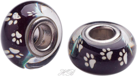 01830 Pandora-stijl kraal glas hondenpoot Zwart/metaalkleurig 14x8mm; gat 5mm 1 stuks