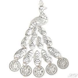 01186 Bedel Pauw Antiek zilver (Nikkelvrij)   109x73,5x3,5mm; gat 2mm 1 stuks