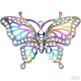 01201 Bedel Vlinder met rhinestones Regenboogkleurig (Nikkelvrij)   62x78x6mm; gat 3mm 1 stuks