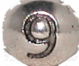 03175 Metalen kraal cijfer 9 Antiek zilver (Nikkelvrij) 7mmx6mm; gat 1mm 1 stuks