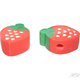 01697 Fimokraal Aardbei Rood~groen 13x6x4,5mm; gat 1,8mm ±12 stuks