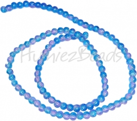 03970 Glaskraal crackle 2-kleurig streng (±40cm) Blauw-roze 4mm; gat 1mm  1 streng