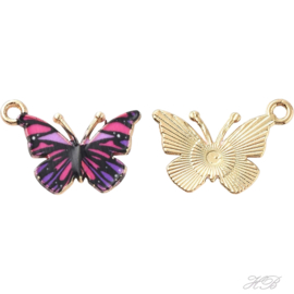 05581 Bedel Enamel Vlinder Licht goud (nikkelvrij)/ Deep pink 15,6x21,7x1,6mm; gat 2mm 1 stuks