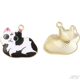 05544 Bedel Enamel Poes/kat Goudkleurig (Nikelvrij)/ wit 22x24x2mm; gat 1,8mm 1 stuks