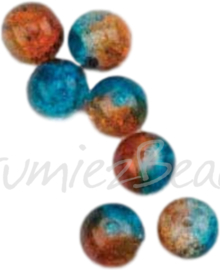 04207 Crackle kraal rond Oranje-blauw 8mm; gat 1mm ±20 stuks