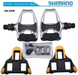 Shimano SPD-SL racefiets pedalen R540 zilver + set schoenplaatjes Shimano SH11 koersfiets