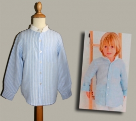 Little Linens blauw/wit linnen gestreept `granddad` overhemd - maat 68 - LL03
