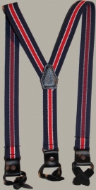 Bretels -  blauw/rood gestreept met zwarte leertjes - maat kind - 85 cm.