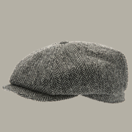 Pet 'Alan Harris Tweed Black' - newsboy cap - zwart visgraat - maat 59/61/63 - CTH Ericson