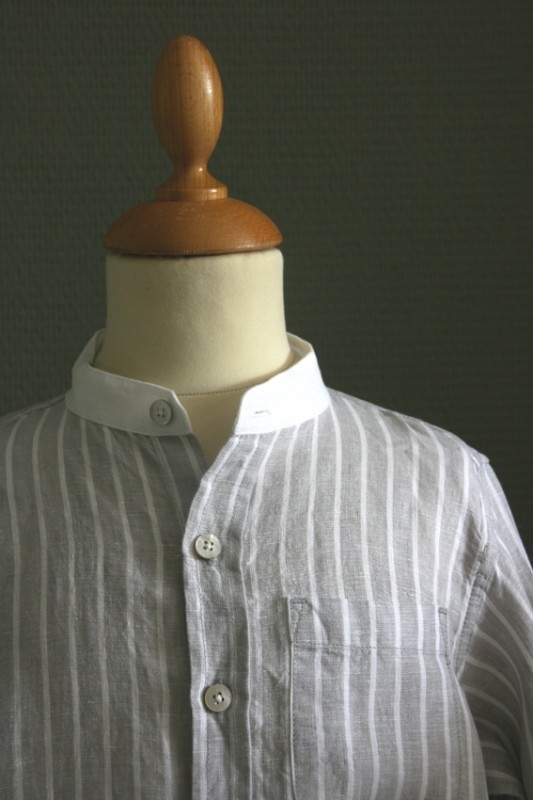 Little Linens lichtgrijs/wit gestreept `granddad` overhemd - maat 80/86 - LL02