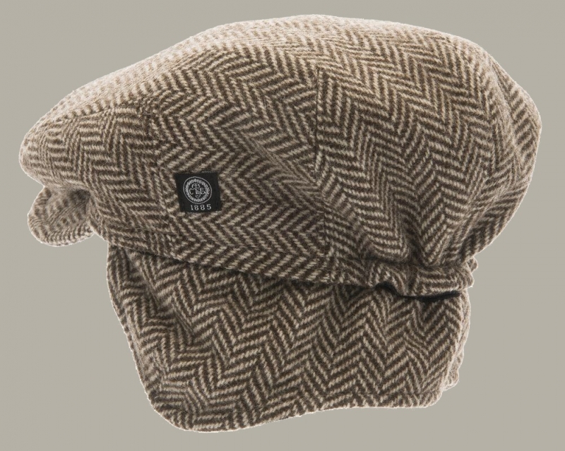 Pet 'Carl Eco Wool Brown' - flat-cap met oorflappen - bruin/zand visgraat - maat 50/56 - CTH Mini