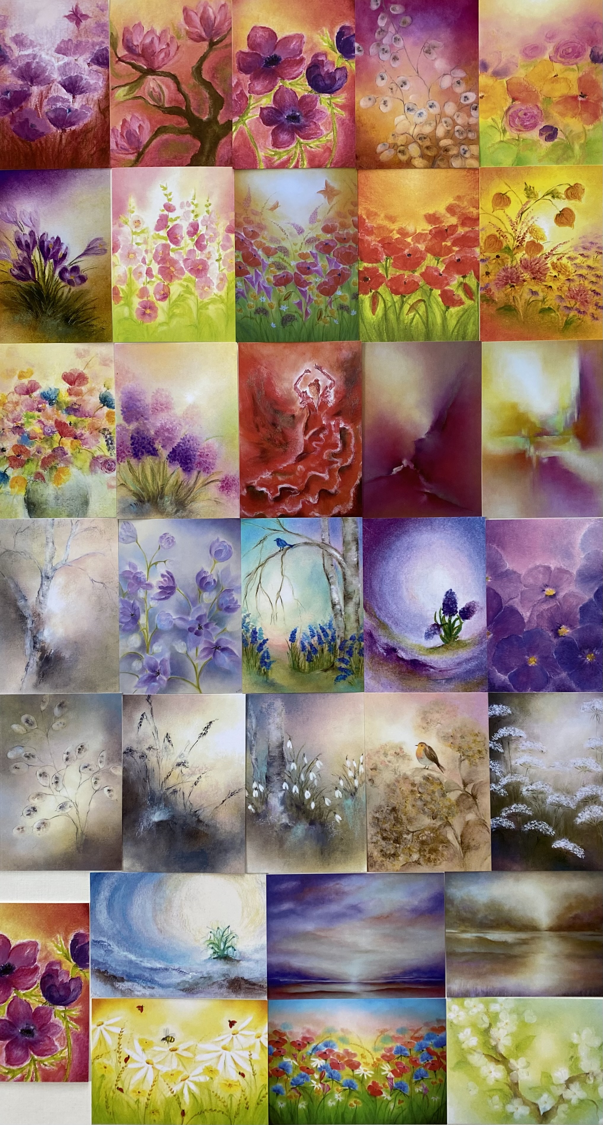 set van 32 bloemenkaarten, landschap en abstract