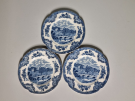 Engels blauw Johnson Bros Old Britain Castles set 3x gebaksbordje 16 cm
