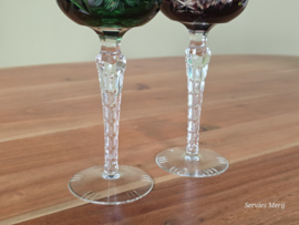 Boheems Kristal Glas set (1) van 2x op hoge voet 19,5 cm kleur: groen paars