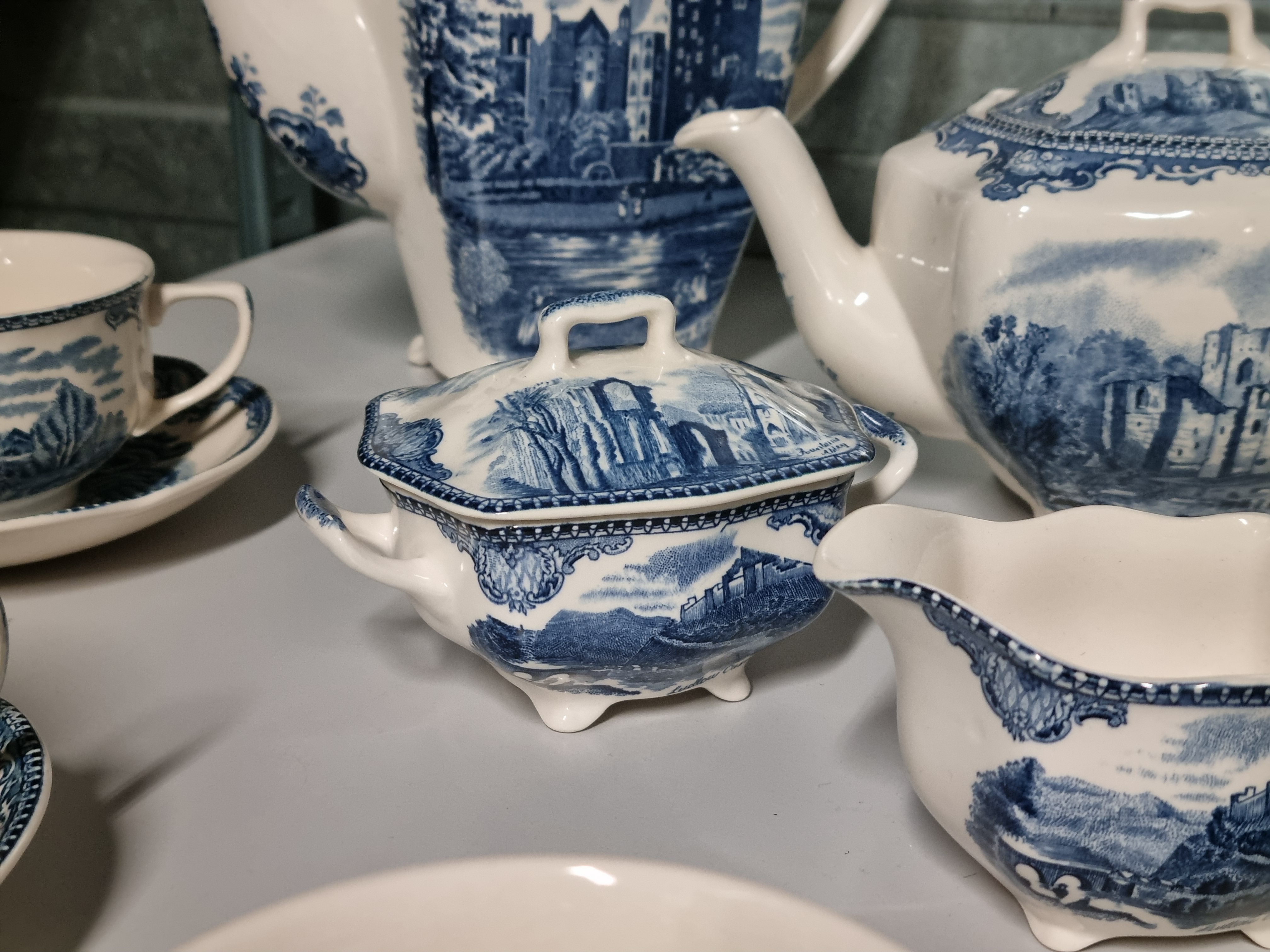 Engels blauw Johnson Bros Old Britain Castles koffieservies theeservies 6 personen
