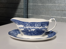 Engels blauw Enoch Wedgwood Woodland sauskom op vaste onderschotel
