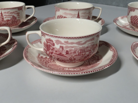 Engels rood Johnson Bros Old Britain Castles set 6x Kop en schotel (wit binnenin)