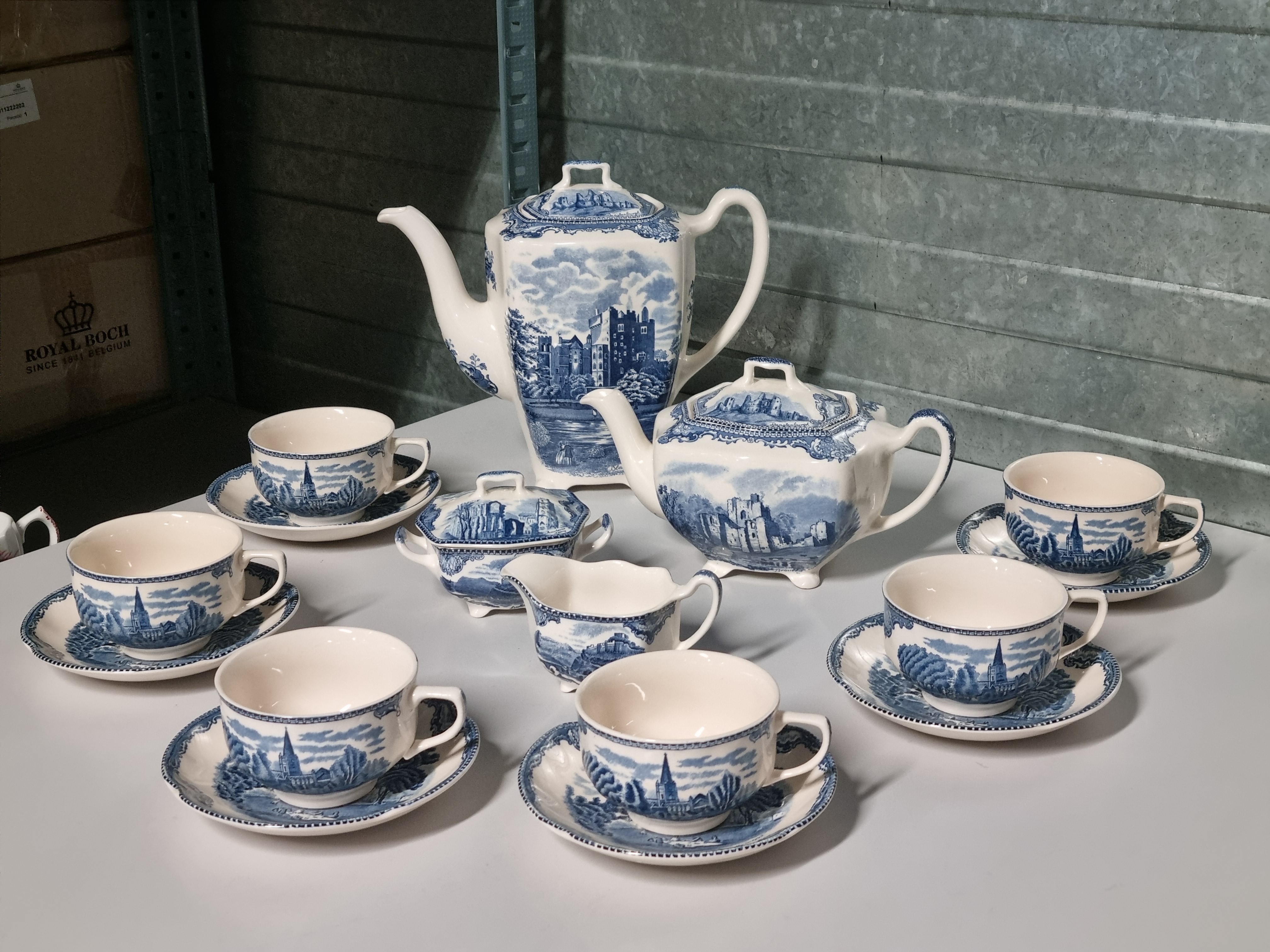 Engels blauw Johnson Bros Old Britain Castles koffieservies theeservies 6 personen
