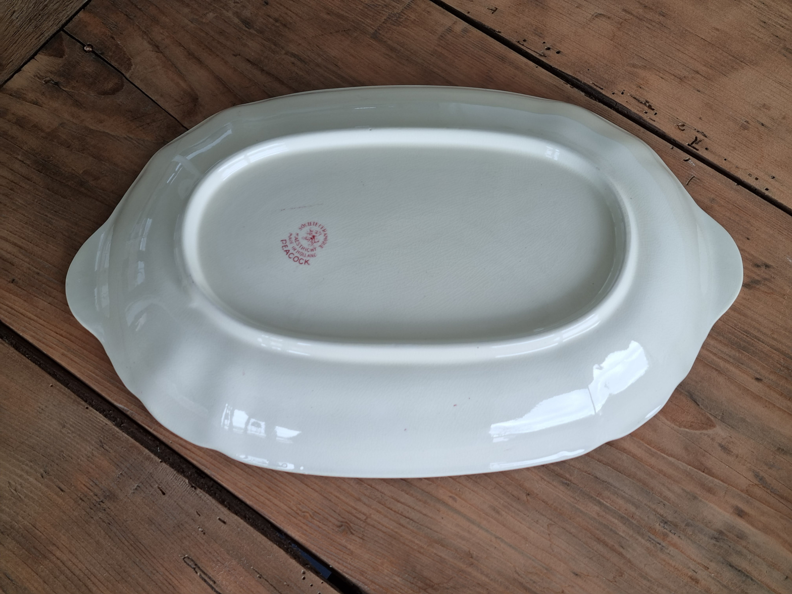 Peacock rood Societe Ceramique ovale schaal met greepjes 38 cm