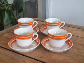 Societe Ceramique set 4x chocolade kop en schotel (vintage/retro wit met oranje)