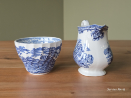 Engels blauw Jachtservies Myott's Country Life Roomstel met suikerkommetje