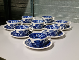 Engels Copeland Spode's Tower blauw set 8x Thee Kop en schotel