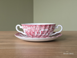 Engels rood Johnson Bros Coaching Scenes soepkom met schotel (witte binnenkant)