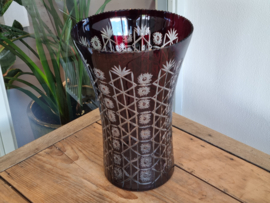 Boheems Kristal Glas Bordeauxrode hoge brede Vaas 25,5 cm