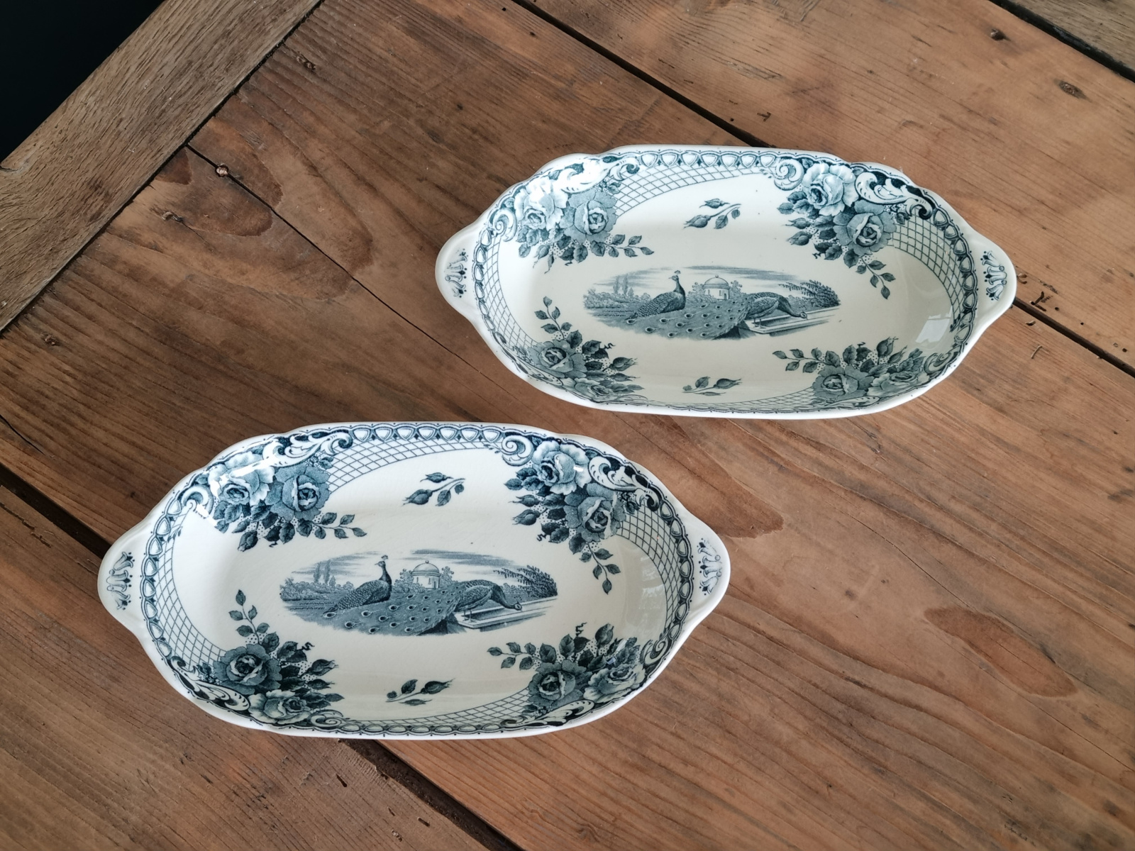 Peacock groen Societe Ceramique set 2x ovaal schaaltje 24,5 cm