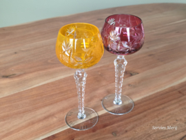 Boheems Kristal Glas set (4) van 2x op hoge voet 19,5 cm kleur: rose en oranje
