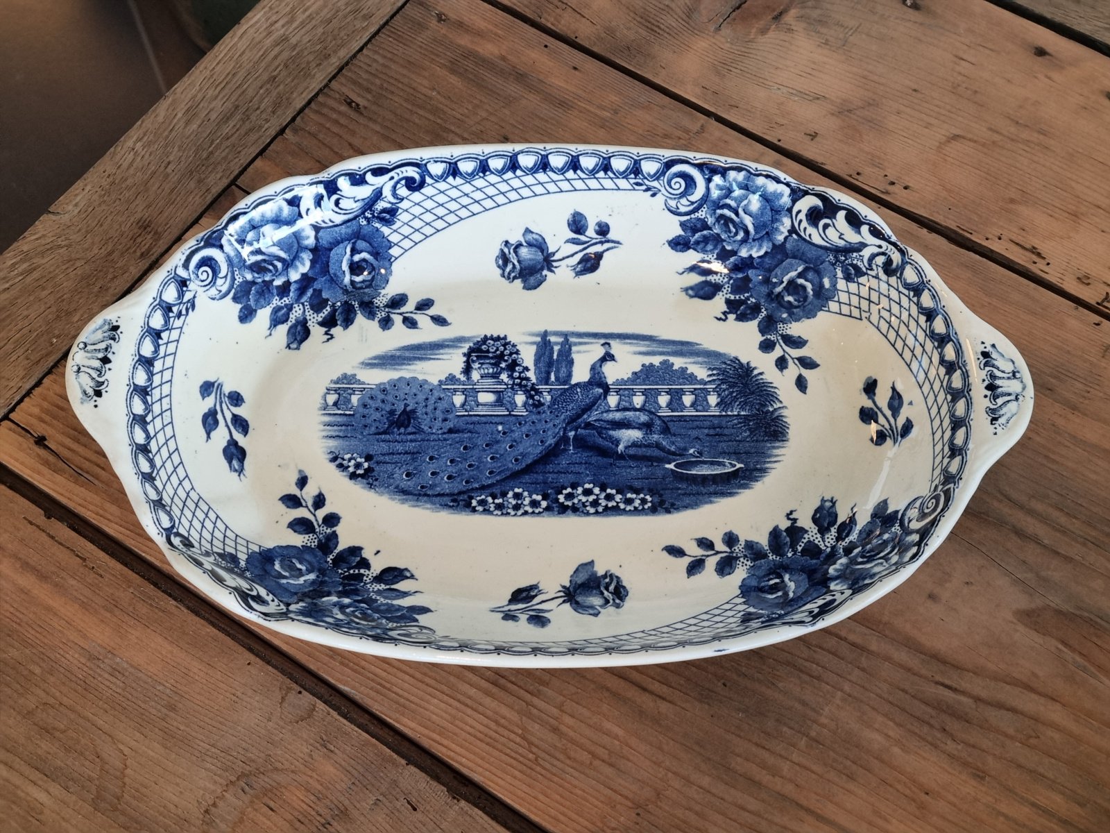 Peacock blauw Societe Ceramique ovale schaal met greepjes 38 cm