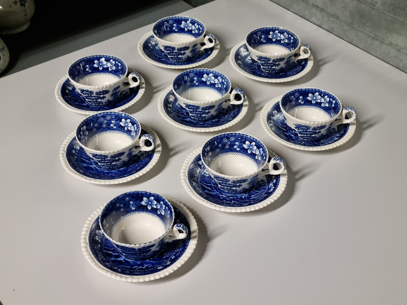 Engels Copeland Spode's Tower blauw set 8x Thee Kop en schotel