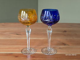 Boheems Kristal Glas set (3) van 2x op hoge voet 19,5 cm kleur: blauw en oranje