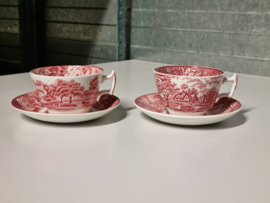 Engels rood Woods Ware 2x Kop en schotel (apart oortje)