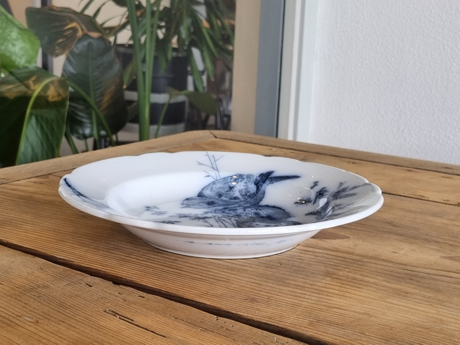 Petrus Regout decor Plata donkerblauw diep bord 23,5 cm (vogel op paddestoel)