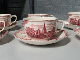 Engels rood Johnson Bros Old Britain Castles set 6x Kop en schotel (wit binnenin)