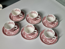 Engels rood Grindley Country Inns set 6x Koffie kopje met schotel (bloem binnenkant)