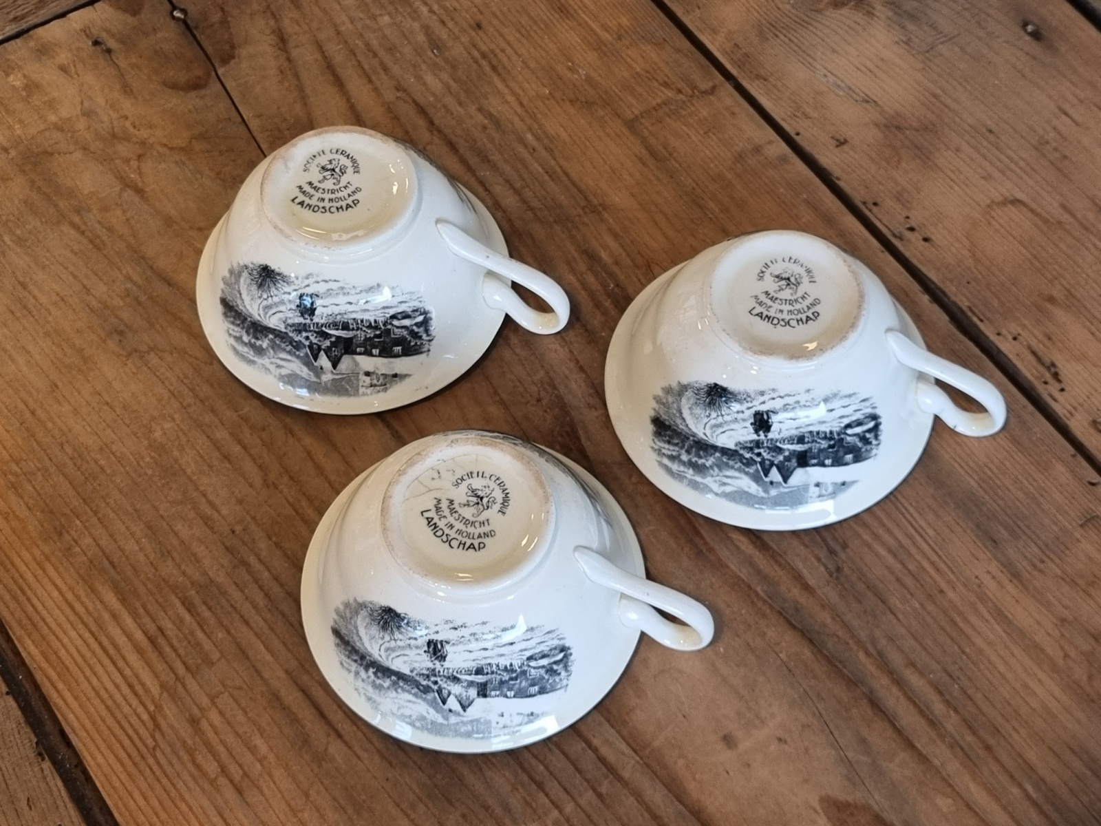 Landschap Zwart Societe Ceramique set 3x Thee Kop en schotel  (rond model)