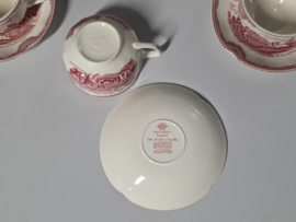 Engels rood Johnson Bros Old Britain Castles set 6x Kop en schotel (wit binnenin)